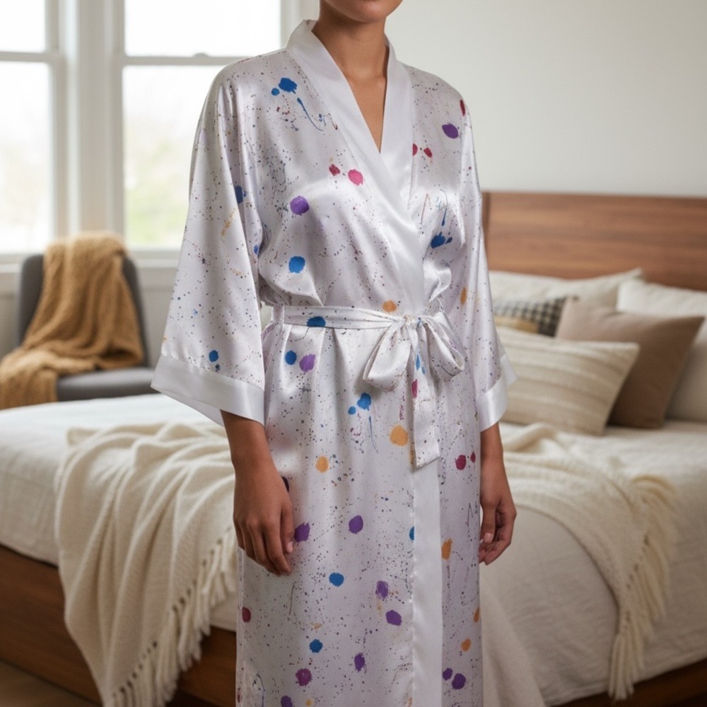 Vintage Intimate Affair Size L Long White Satin Colorful Paint Splattered Robe
